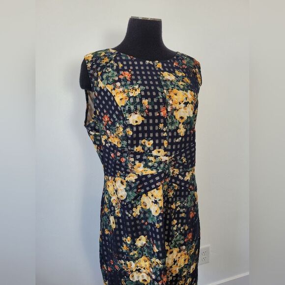 Navy Floral Grid Sheath Pencil Dress Office Career Professional Church Twee XXL - Picture 2 of 12